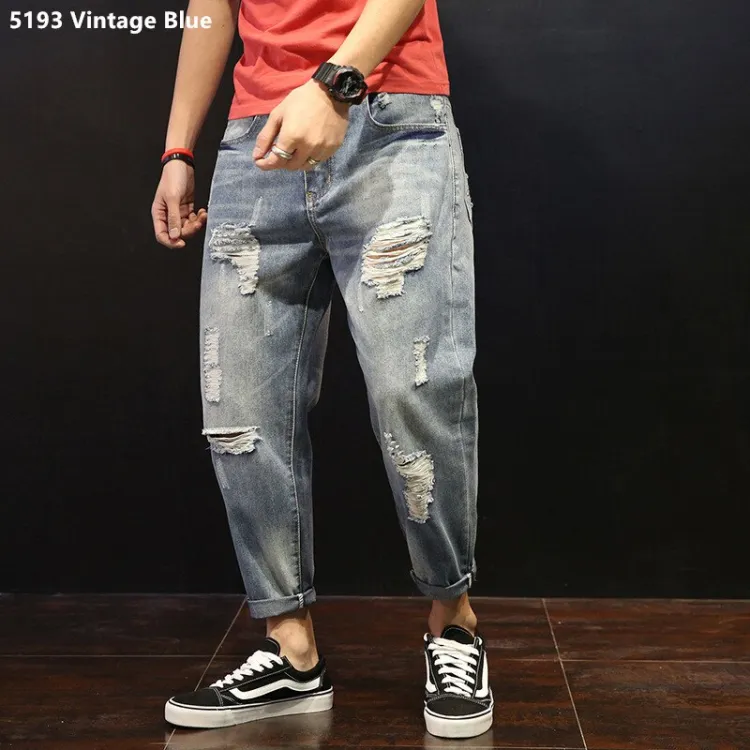 Men Summer Ripped Ankle Length Plus Size Jeans 38 40 42 Harem Holes Hip Hop Trousers Denim Scratched Loose Boys Cool Blue Pants