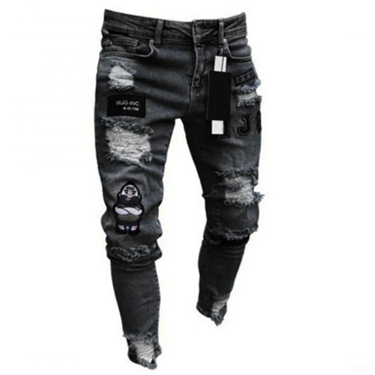 3 Styles Men Stretchy Ripped Skinny Biker Embroidery Print Jeans Destroyed Hole Taped Slim Fit Denim Scratched High Quality Jean